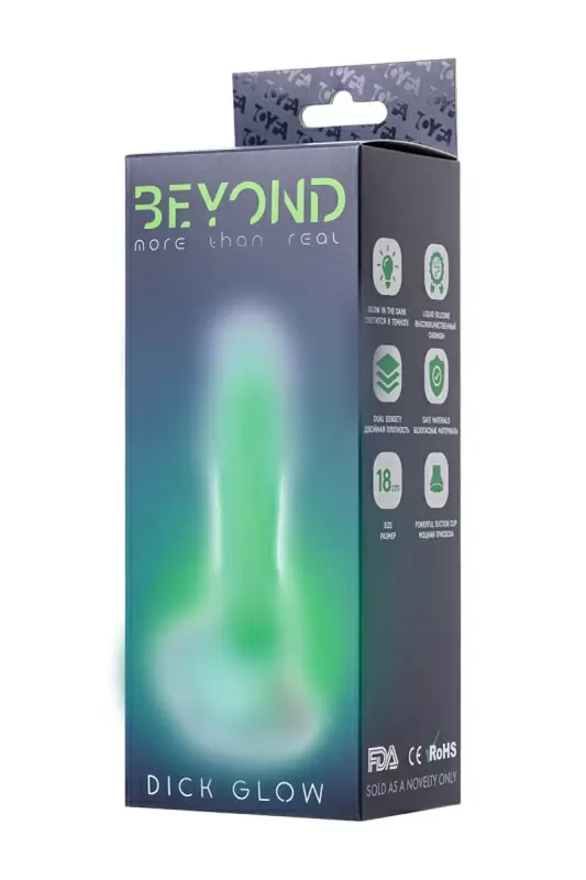 Фаллоимитатор, светящийся в темноте. Beyond By Toyfa Dick Glow. Силикон, прозрачно-зелёный, 18 см.