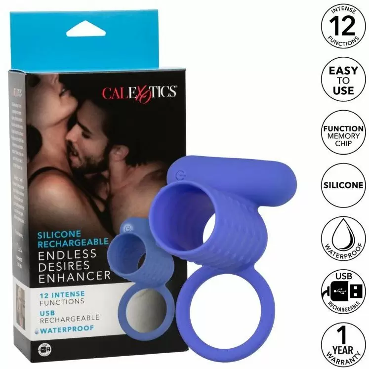 Ребристое виброкольцо-насадка Silicone Rechargeable Endless Desires Enhancer, 10,25 см, силикон, синий 