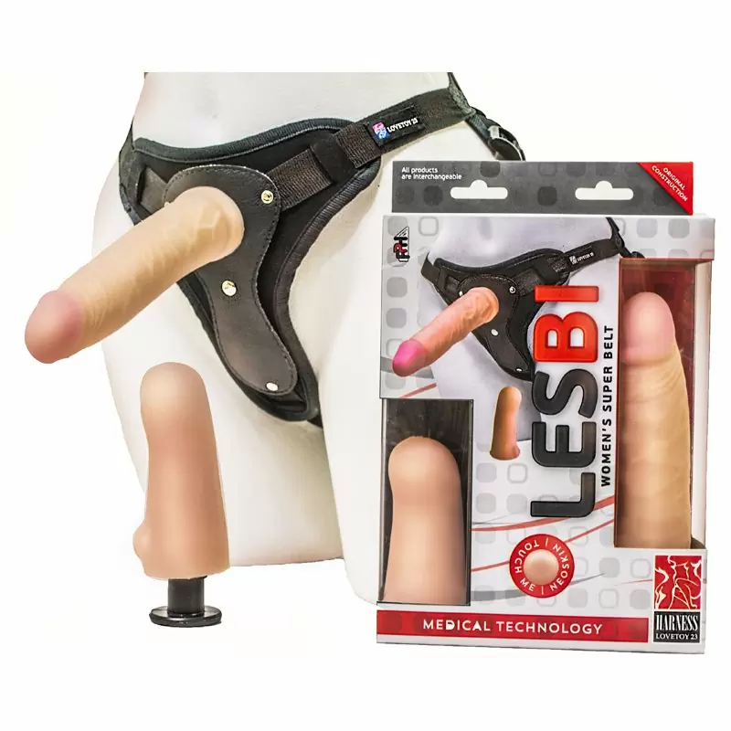 Пояс Harness Lesbi с двумя фаллоимитаторами NeoSkin 16,5 x 3,5 см и 11,5 x 3,5 см – телесный