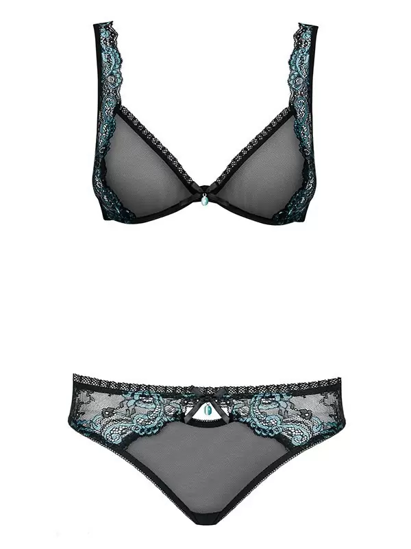 Черный полупрозрачный комплект с шикарным бирюзовым кружевом Amanta (Obsessive) – L/XL