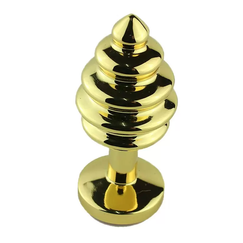 Маленькая анальная пробка Plug Gold ребристая с кристаллом – золотистый/синий