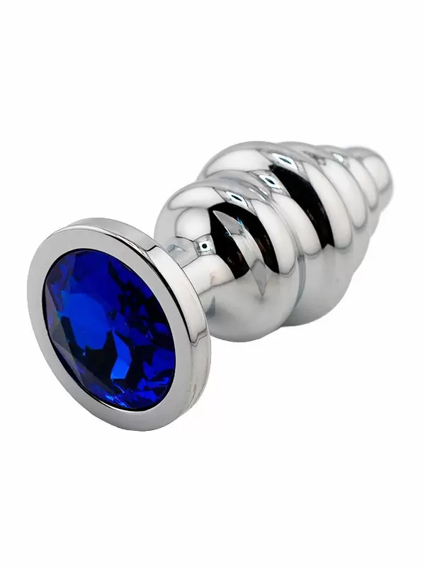 Серебряная ребристая анальная пробка с темно-синим кристаллом (Medium)
