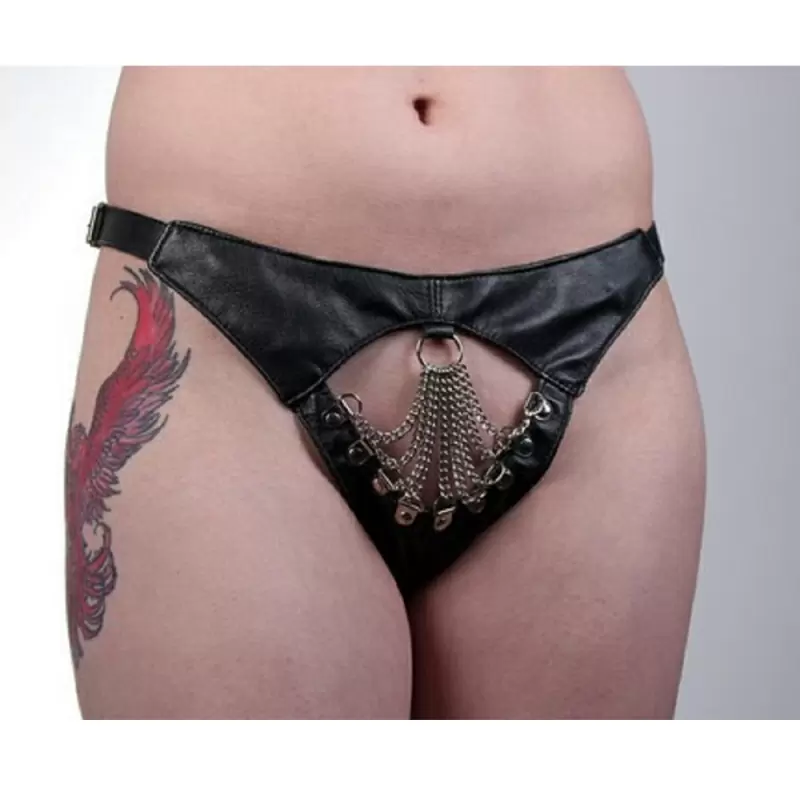 Сексуальные кожаные трусики Подиум с металлическими цепочками - S/M