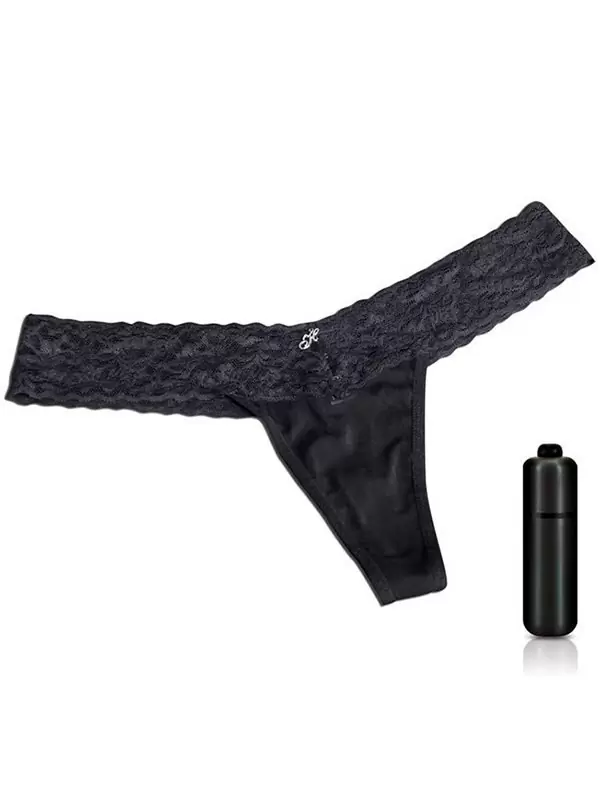 Кружевные трусики-тонг с вибрацией – черный, S/M