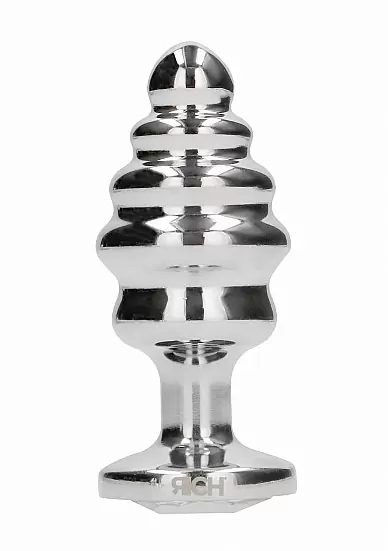 Ребристая серебряная анальная пробка с бриллиантовым кристаллом - 3,9см.