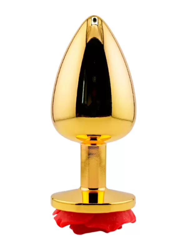Золотая анальная пробка с ограничителем в форме красной розы, размер L, Kanikule