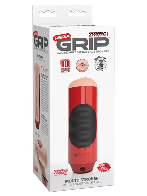 Мастурбатор ротик Mega Grip Vibrating Stroker Mouth с вибрацией - красный