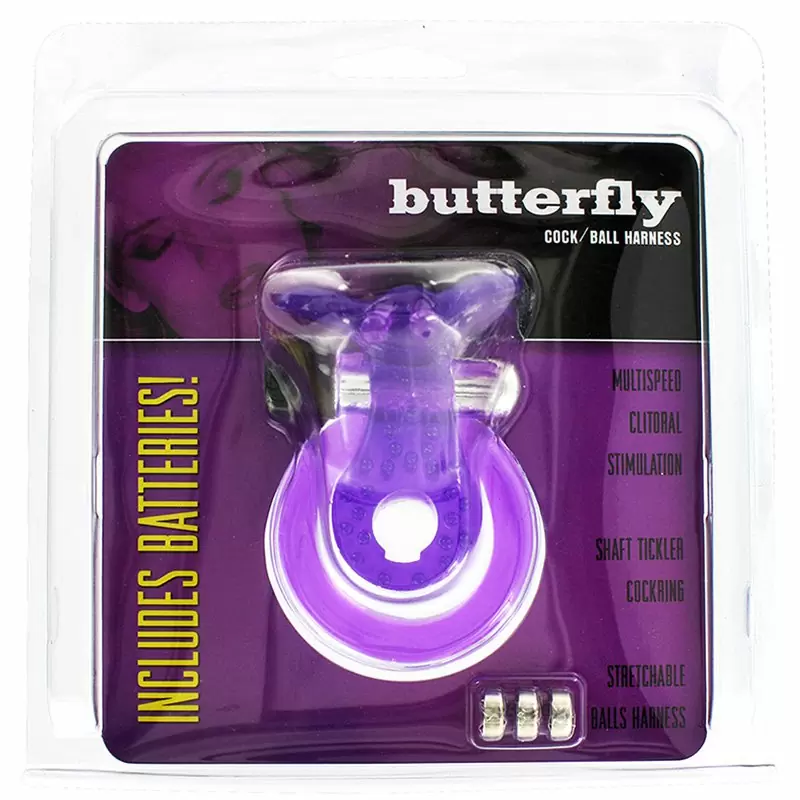 Эрекцонное виброкольцо Butterfly Cock/Ball Harness с петлей на мошонку и клиторальным стимулятором в виде бабочки – фиолетовый
