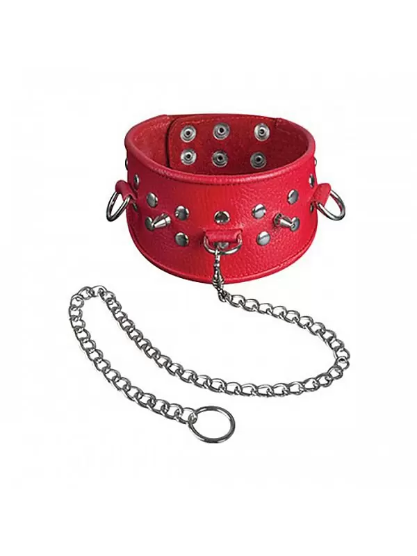 Широкий кожаный ошейник с шипами Sitabella с поводком – красный