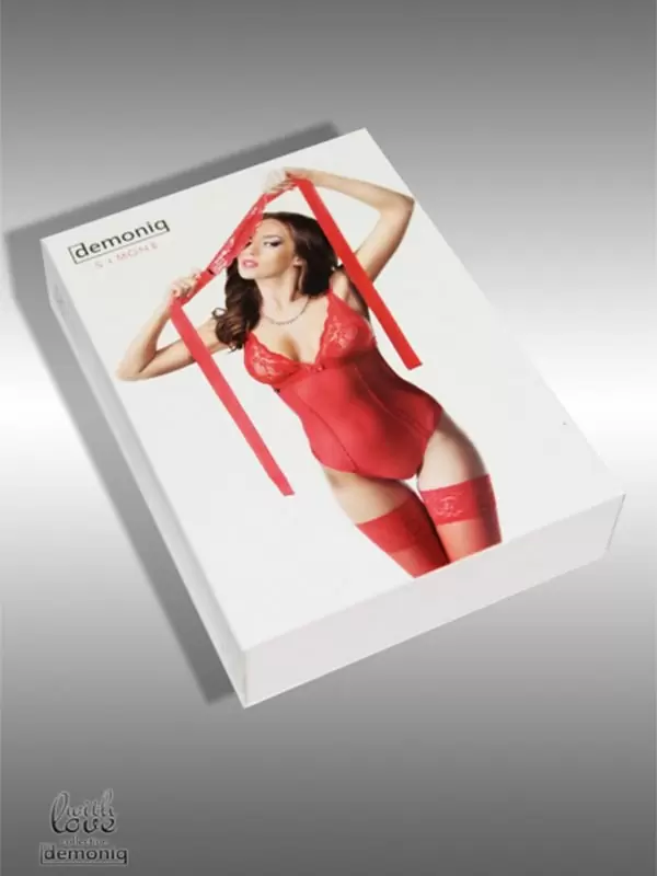 Сексапильное боди с маской для глаз и подвязкой Demoniq Simone красного цвета – S