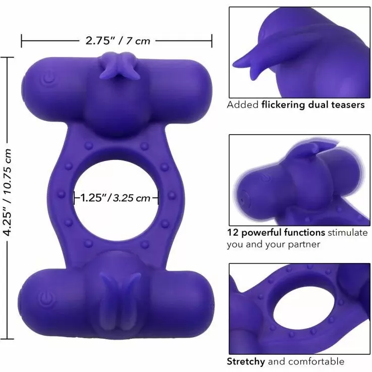 Перезаряжаемое эрекционное виброкольцо Silicone Rechargeable Triple Orgasm Enhancer, с двумя моторами, диаметр 3,25 см, фиолетовый