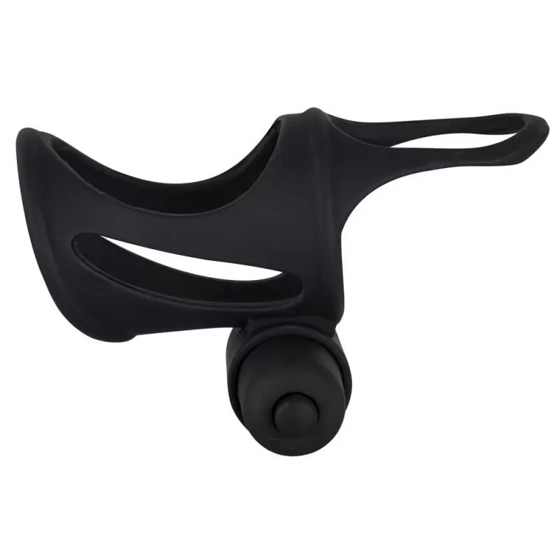 Открытая вибронасадка на пенис Black Velvets с кольцом под мошонку – черный
