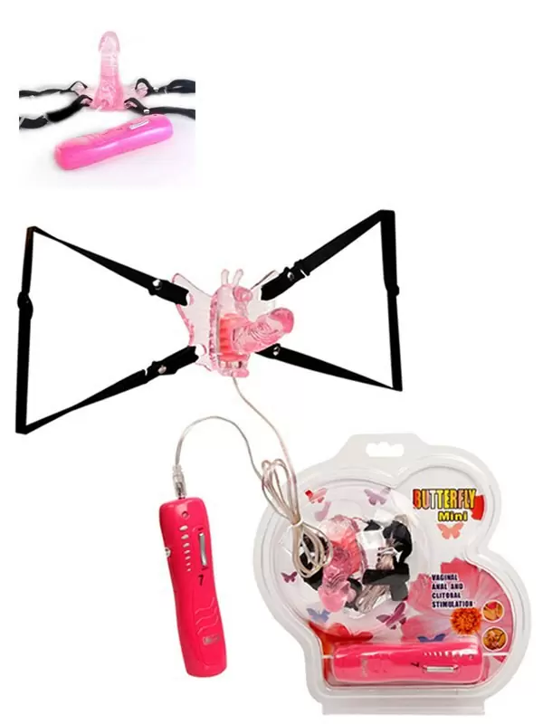 Стимулятор клитора Butterfly Mini на ремешках с вибрацией и проводным пультом – розовый