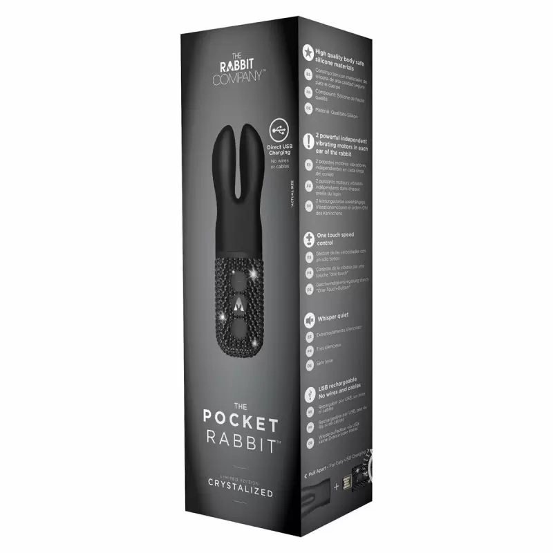 Карманный вибромассажёр-кролик с ушками и кристаллами The Rabbit Company The Pocket Rabbit Crystalized – чёрный