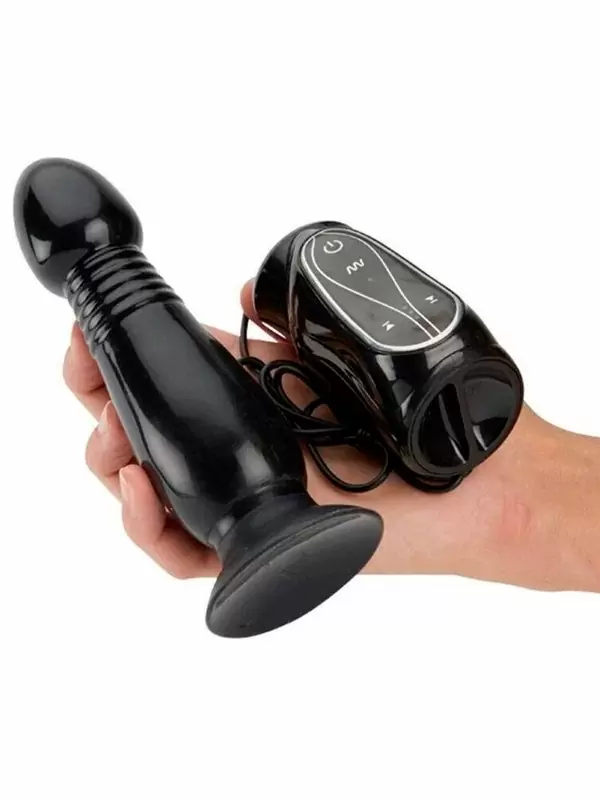 Рельефная анальная вибропробка Anal Pusher, 16 см, с проводным пультом, с функцией толчков, черный