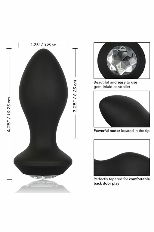 Анальная вибропробка California Power Gem, с белым кристаллом, 9,5 см, 10 режимов, силикон, черный