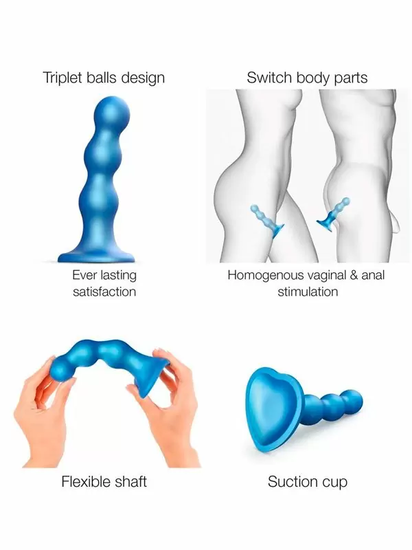 Рельефный фаллоимитатор Strap-On-Me Dildo Plug Balls, 16,5 см, силикон, синий металлик