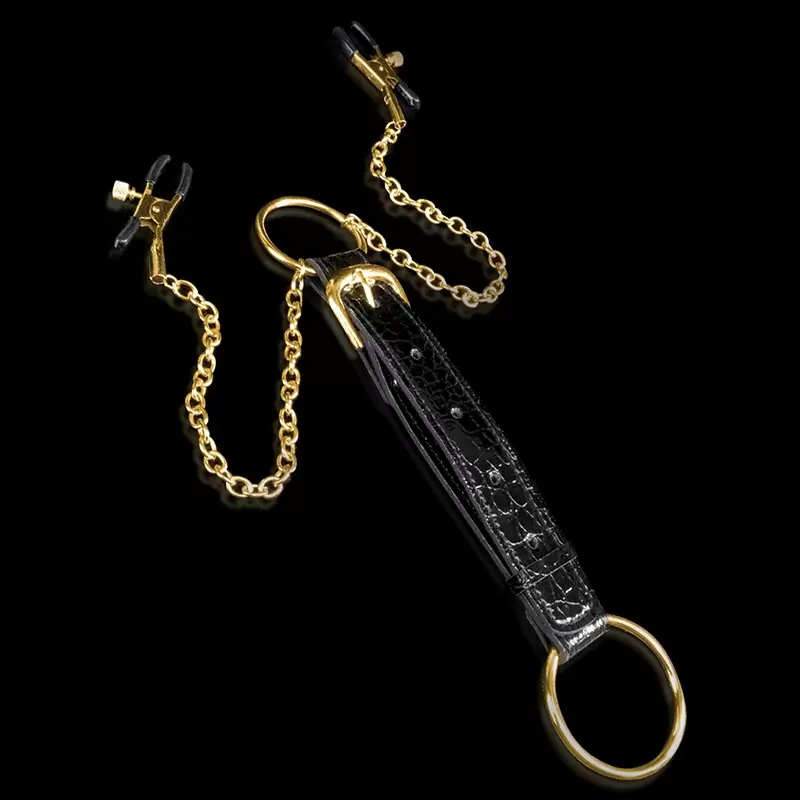 Кольцо на пенис Fetish Fantasy Gold с зажимами на соски, черное с золотом