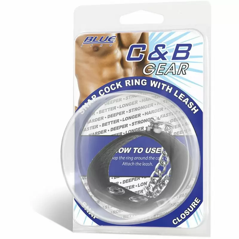 Кольцо на пенис из экокожи с поводком из металла Blueline Snap Cock Ring With 12 Leash – чёрный