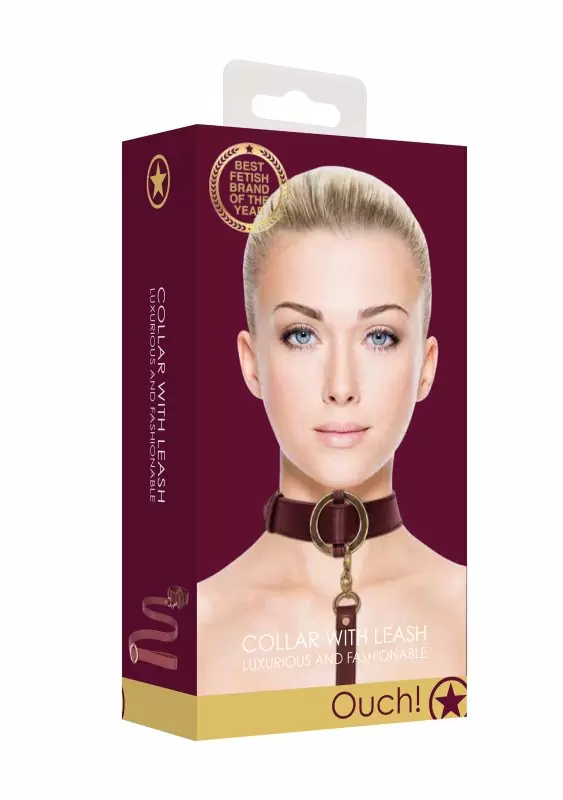 Элегантный ошейник с поводком Shots toys Ouch Ouch! - Collar With Leash, 110 см, экокожа, красный