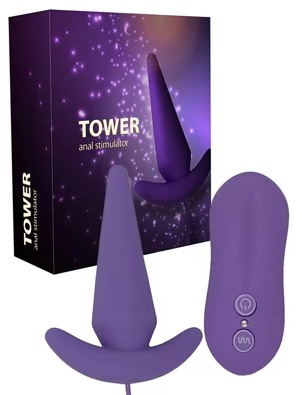 Анальная пробка с вибрацией на проводном пульте управления Tower – фиолетовый