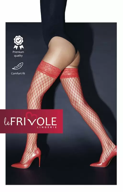 Чулки красные в крупную сетку с кружевной резинкой (Sense)