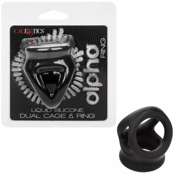 Универсальное эрекционное кольцо Alpha Liquid Silicone Dual Cage & Ring, с подхватом мошонки, диаметр 3,75 см, ТПЕ, черный
