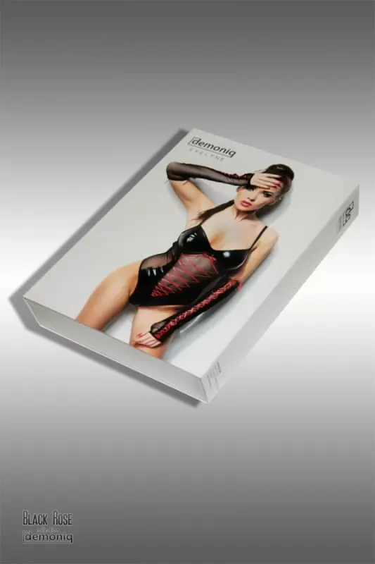 Пикантное черное боди с ярко-красным плетением и длинные перчатки Demoniq Evelyne – S/M