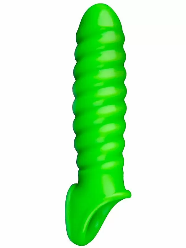 Ребристая насадка-удлинитель Shots toys Ouch!, фиксация на мошонке, люминисцентная, 15,5 см