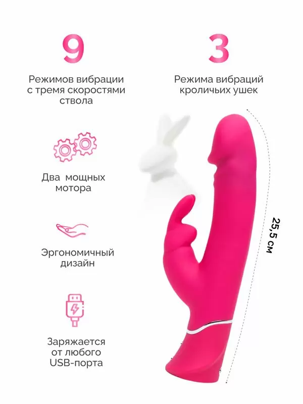 Яркий вибратор-кролик Happy Rabbit Realistic, два мотора, 25,5 см, розовый