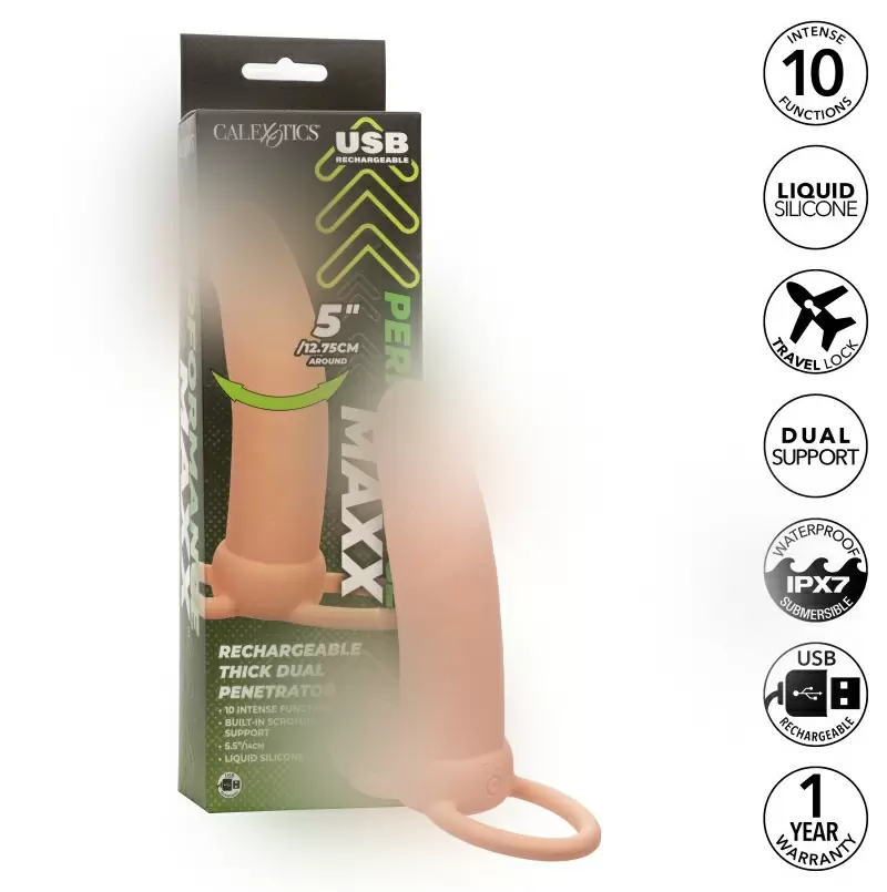 Реалистичная вибронасадка Rechargeable Thick Dual Penetrator, для двойного проникновения, 14 см, силикон, телесный