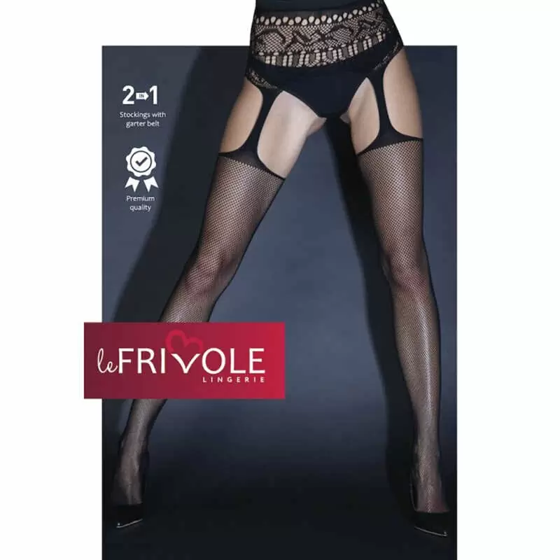 Чулки в сетку с высоким кружевным поясом, черные - S/M