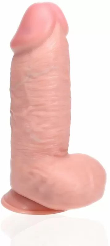 Реалистичный фаллоимитатор Shots Toys Extra Thick Straight with Balls с мошонкой, на присоске, с набухшими венами, 20,3 см х 6,6 см, ПВХ, телесный