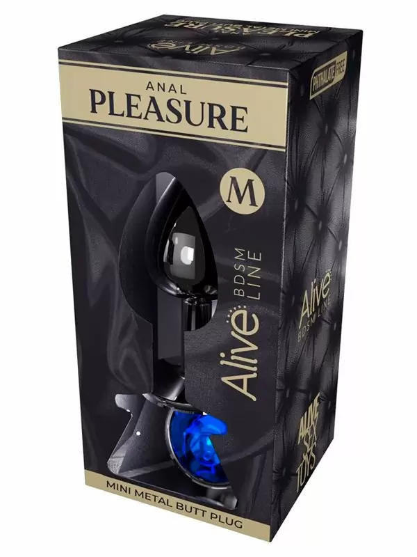 Металлическая анальная пробка Alive Mini Metal Butt, голубой кристалл, 8 см, диаметр 3,4 см, серебристый