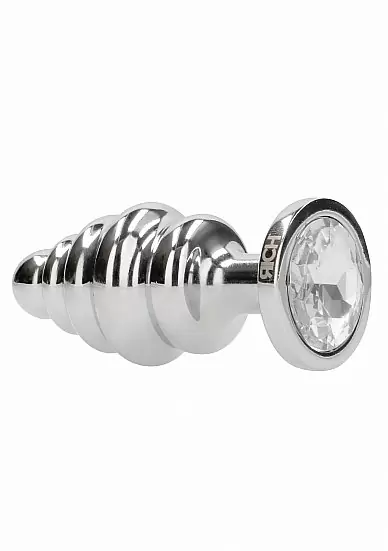 Ребристая серебряная анальная пробка с бриллиантовым кристаллом - 3,9см.
