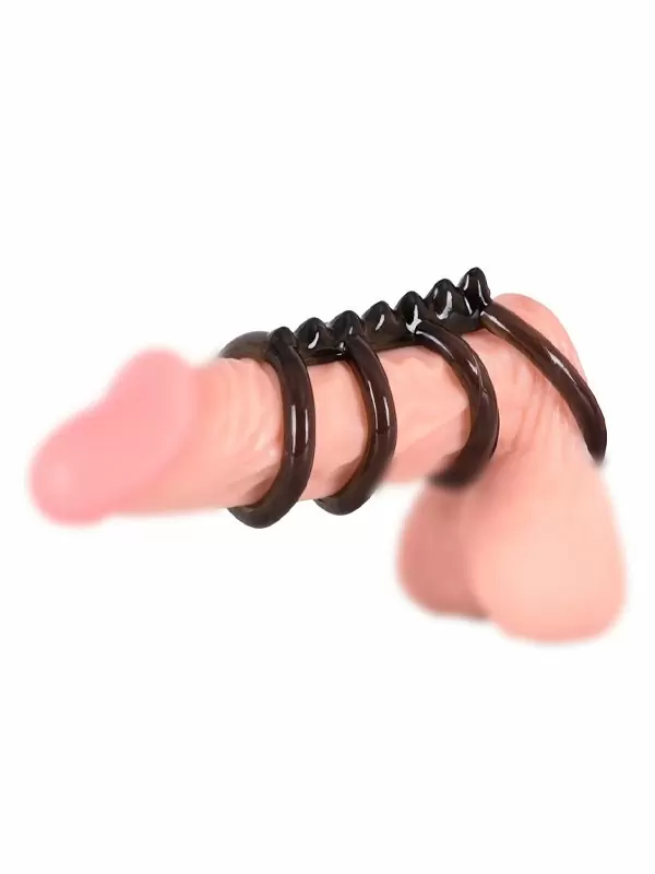 Эластичная насадка на пенис Orion Penis-Hodenring 4er, 4 кольца с подхватом мошонки и гребнем сверху, 6,5 см, черный