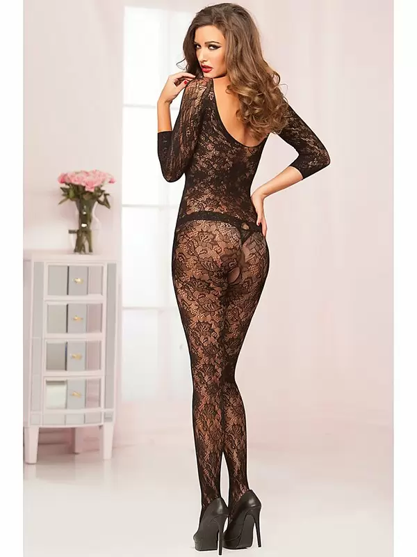 Кружевной кэтсьюит Seven’til Midnight с рукавами три четверти open-crotch – черный