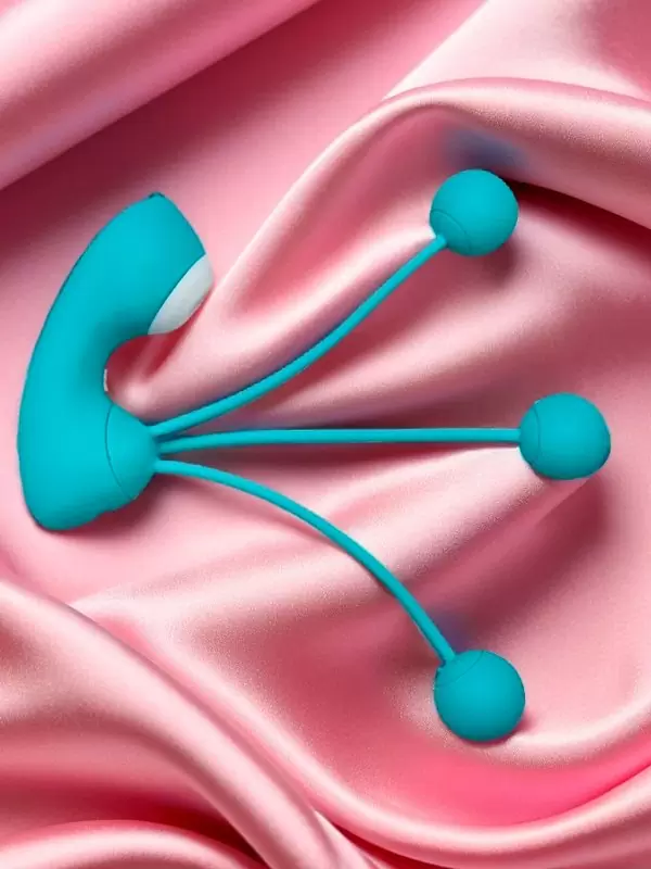 Вакуумный стимулятор клитора Youvic с вагинальными виброшариками, 16 см, 20 режимов, бирюзовый