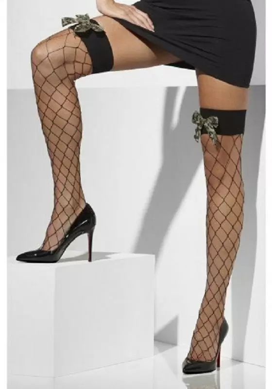 Чулки Fever в крупную сетку с бантиками - черный, милитари 