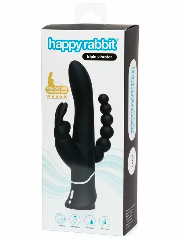 Тройной вибратор-кролик Happy Rabbit Triple, с анальным стимулятором, 22,9 см, черный