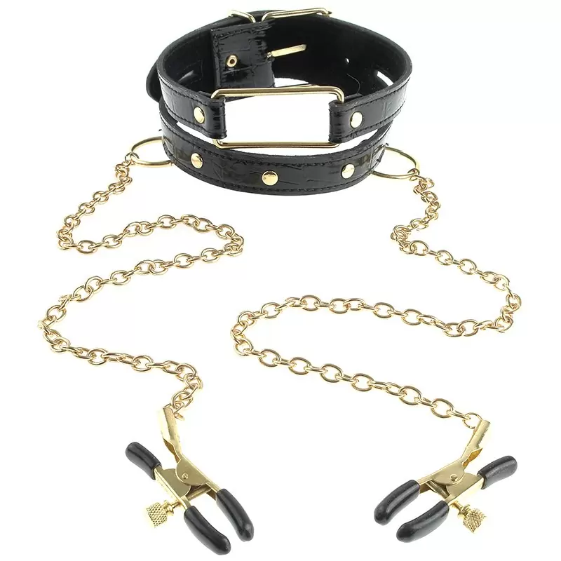 Ошейник Fetish Fantasy Gold с зажимами на соски, черный с золотом