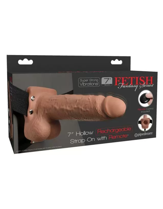 Перезаряжаемый вибрострапон Fetish Fantasy 7 Hollow Rechargeable Strap-On Remote Tan