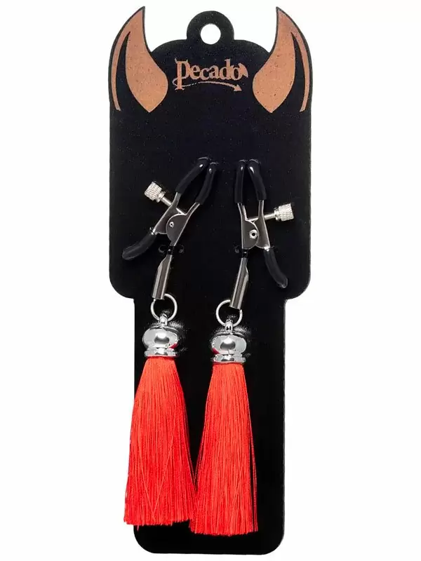 Зажимы на соски «Прищепки» Pecado BDSM — красные, с кисточками из шелка, металл
