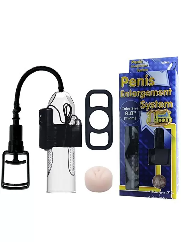 Вакуумная помпа Penis Enlargement System с насадкой-вагиной, эрекционным кольцом и вибропулей – прозрачный с черным