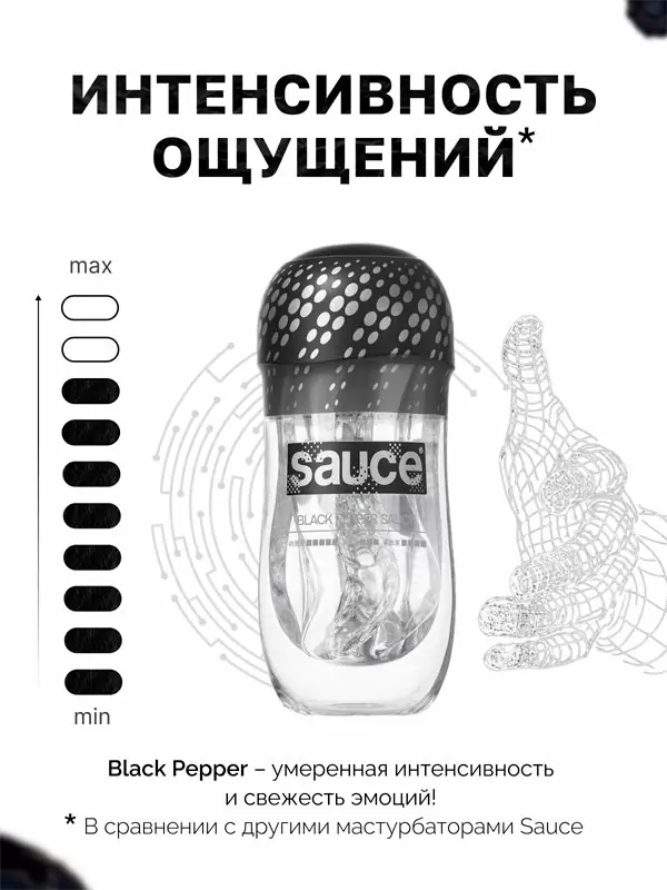 Нереалистичный мастурбатор Sauce Black Pepper, 16 см, ТПЕ, черный