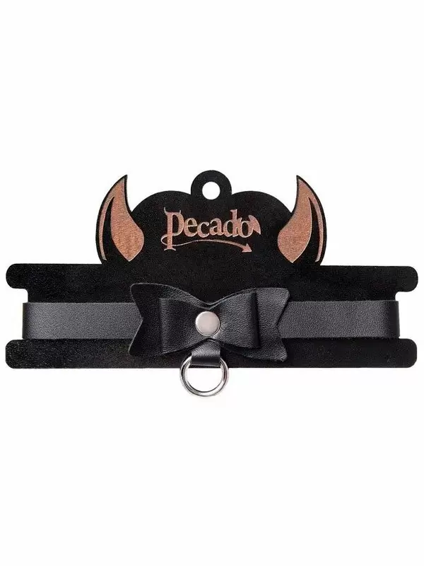 Кожаный чокер Pecado BDSM — чёрный, с кольцом и бабочкой, натуральная кожа