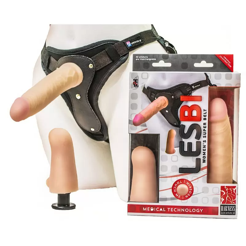 Пояс Harness Lesbi с двумя фаллоимитаторами NeoSkin 16,5 x 3,5 см и 10 x 3,5 см – телесный