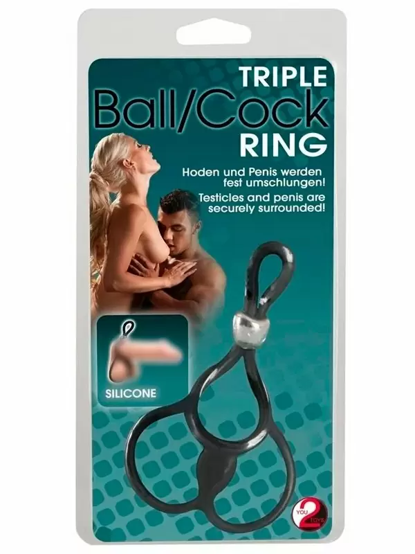 Эрекционное лассо Triple Ball- und Cockring, с подхватом мошонки, 13 см, силикон, черный