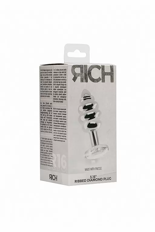 Ребристая серебряная анальная пробка с бриллиантовым кристаллом - 3,5 см.