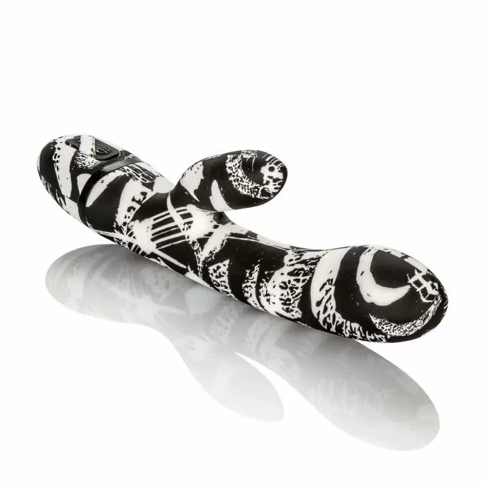 Пёстрый вибромассажёр с клиторальным стимулятором Calexotics Hype™ Dual Wand – чёрный, белый